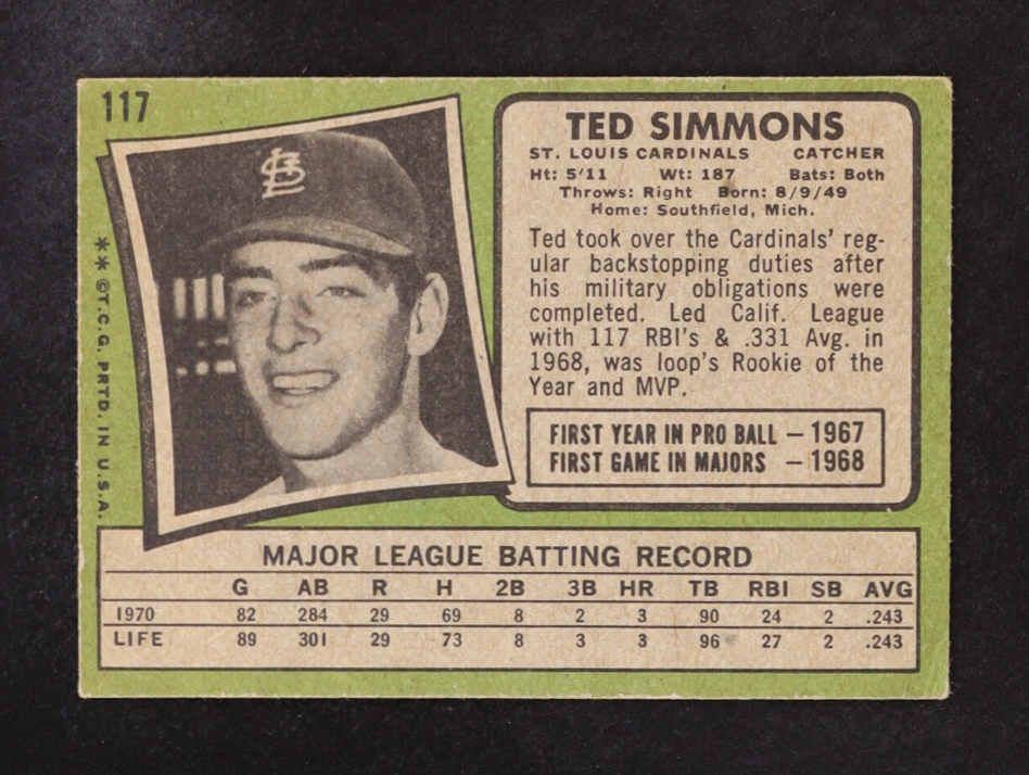 Ted Simmons 1971 Topps #117 at PristineAuction.com Ted Simmons 1971 Topps #117 at PristineAuction.com