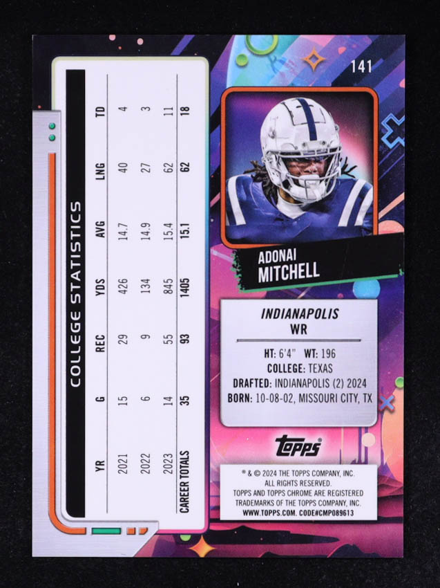 Adonai Mitchell 2024 Topps Cosmic Chrome Gold Interstellar Refractors #141 #17/50 RC at PristineAuction.com Adonai Mitchell 2024 Topps Cosmic Chrome Gold Interstellar Refractors #141 #17/50 RC at PristineAuction.com