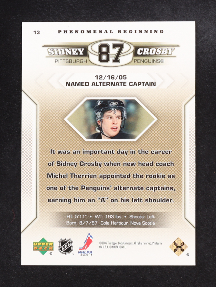 Sidney Crosby 2005-06 Upper Deck Phenomenal Beginnings #13 RC at PristineAuction.com Sidney Crosby 2005-06 Upper Deck Phenomenal Beginnings #13 RC at PristineAuction.com