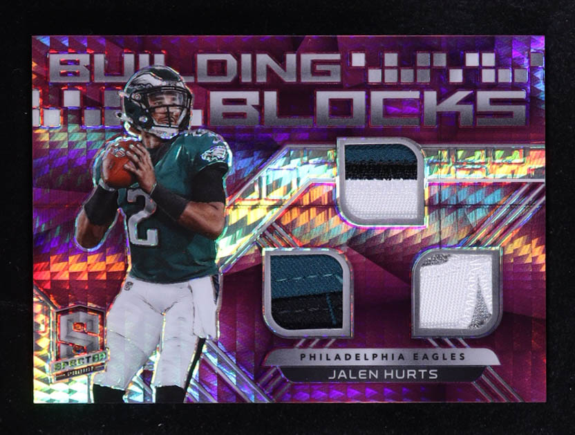 Jalen Hurts 2020 Panini Spectra Building Blocks Materials Neon Pink #11 #14/15 RC at PristineAuction.com Jalen Hurts 2020 Panini Spectra Building Blocks Materials Neon Pink #11 #14/15 RC at PristineAuction.com