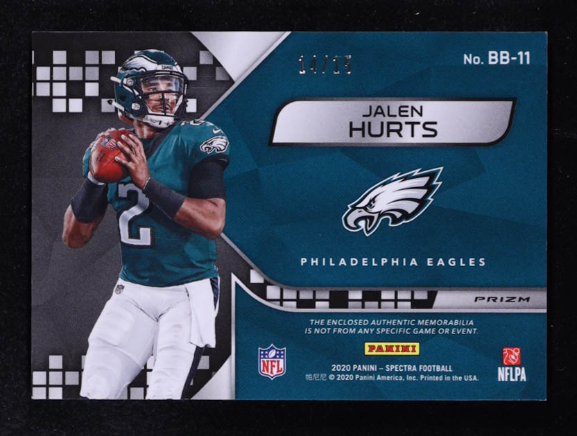Jalen Hurts 2020 Panini Spectra Building Blocks Materials Neon Pink #11 #14/15 RC at PristineAuction.com Jalen Hurts 2020 Panini Spectra Building Blocks Materials Neon Pink #11 #14/15 RC at PristineAuction.com