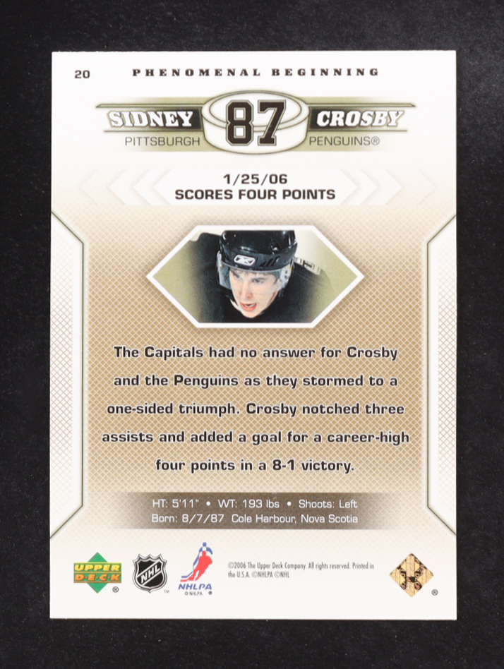 Sidney Crosby 2005-06 Upper Deck Phenomenal Beginnings #20 RC at PristineAuction.com Sidney Crosby 2005-06 Upper Deck Phenomenal Beginnings #20 RC at PristineAuction.com