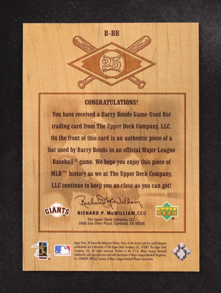 Barry Bonds 2001 SP Game Bat Milestone Piece of Action Bound for the Hall #BBB at PristineAuction.com Barry Bonds 2001 SP Game Bat Milestone Piece of Action Bound for the Hall #BBB at PristineAuction.com