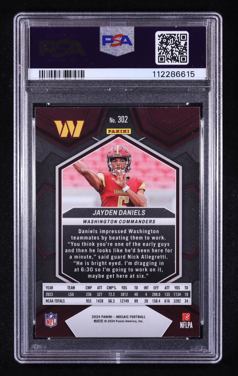 Jayden Daniels 2024 Panini Mosaic #302 RC (PSA 8) at PristineAuction.com Jayden Daniels 2024 Panini Mosaic #302 RC (PSA 8) at PristineAuction.com