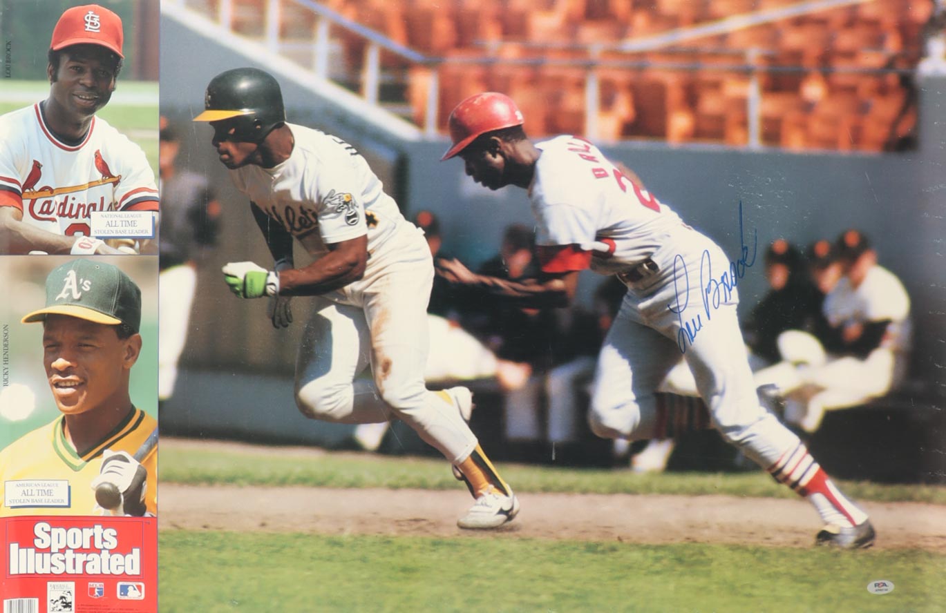 Lou Brock Signed Cardinals 23x35 1992 Sports Illustrated Vintage Poster (PSA) at PristineAuction.com Lou Brock Signed Cardinals 23x35 1992 Sports Illustrated Vintage Poster (PSA) at PristineAuction.com