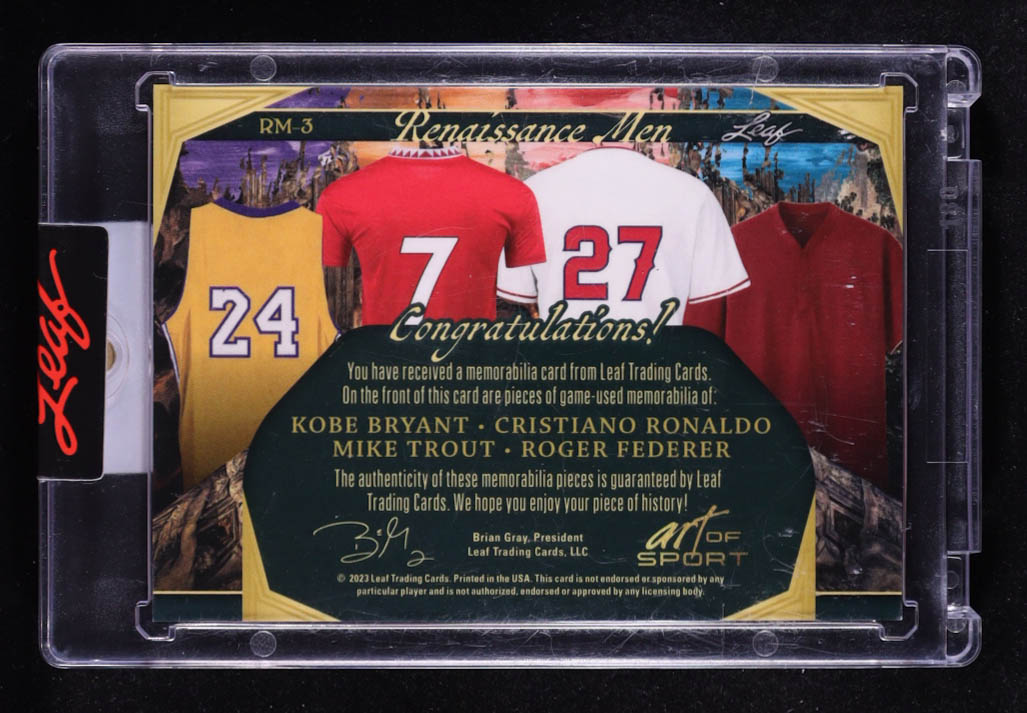 Kobe Bryant / Cristiano Ronaldo / Mike Trout / Roger Federer 2023 Leaf Art of Sport Renaissance Men Blue #RM3 #3/15 at PristineAuction.com Kobe Bryant / Cristiano Ronaldo / Mike Trout / Roger Federer 2023 Leaf Art of Sport Renaissance Men Blue #RM3 #3/15 at PristineAuction.com