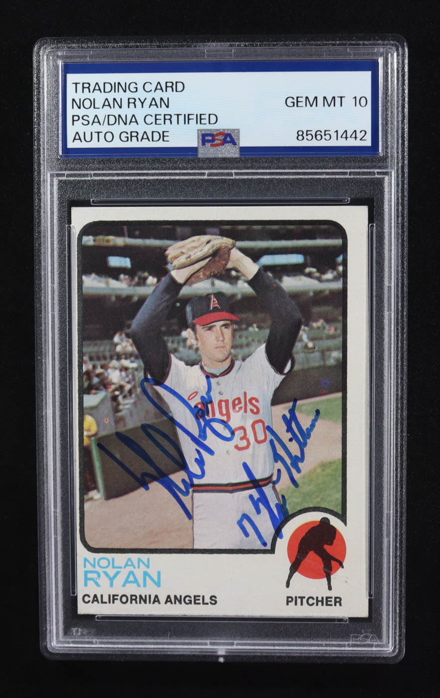 Nolan Ryan Signed 1973 Topps #220 Inscribed "7 No-Hitters" (PSA | Auto 10) at PristineAuction.com Nolan Ryan Signed 1973 Topps #220 Inscribed "7 No-Hitters" (PSA | Auto 10) at PristineAuction.com