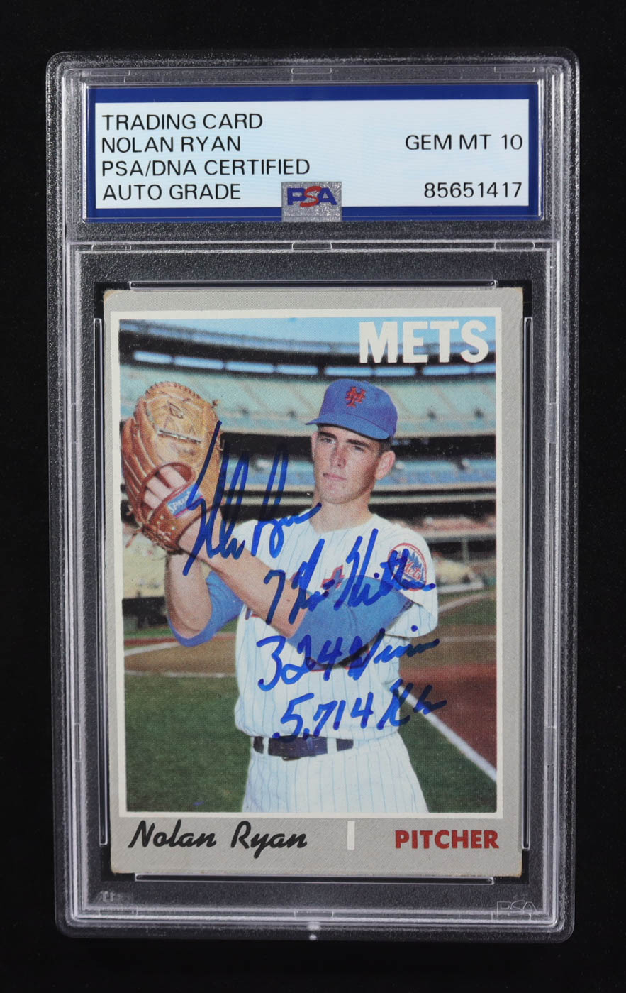 Nolan Ryan Signed 1970 Topps #712 Inscribed "7 No-Hitters", "324 Wins" & "5,714 K's" (PSA | Auto 10) at PristineAuction.com Nolan Ryan Signed 1970 Topps #712 Inscribed "7 No-Hitters", "324 Wins" & "5,714 K's" (PSA | Auto 10) at PristineAuction.com