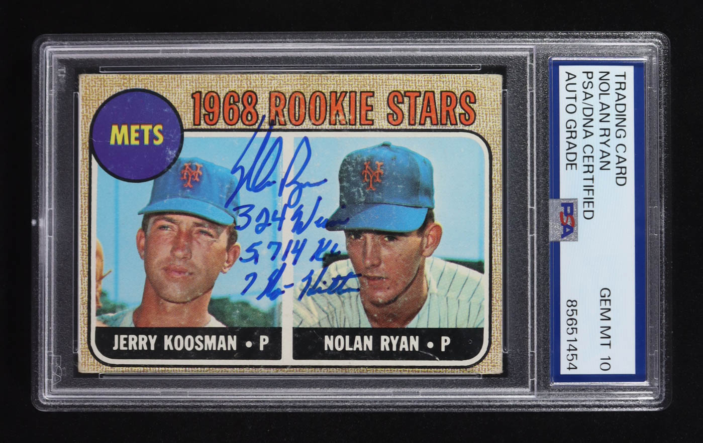 Nolan Ryan Signed 1968 Topps Rookie Stars #177 Inscribed "324 Wins", "5,714 K's & "7 No-Hitters" (PSA | Auto 10) at PristineAuction.com Nolan Ryan Signed 1968 Topps Rookie Stars #177 Inscribed "324 Wins", "5,714 K's & "7 No-Hitters" (PSA | Auto 10) at PristineAuction.com