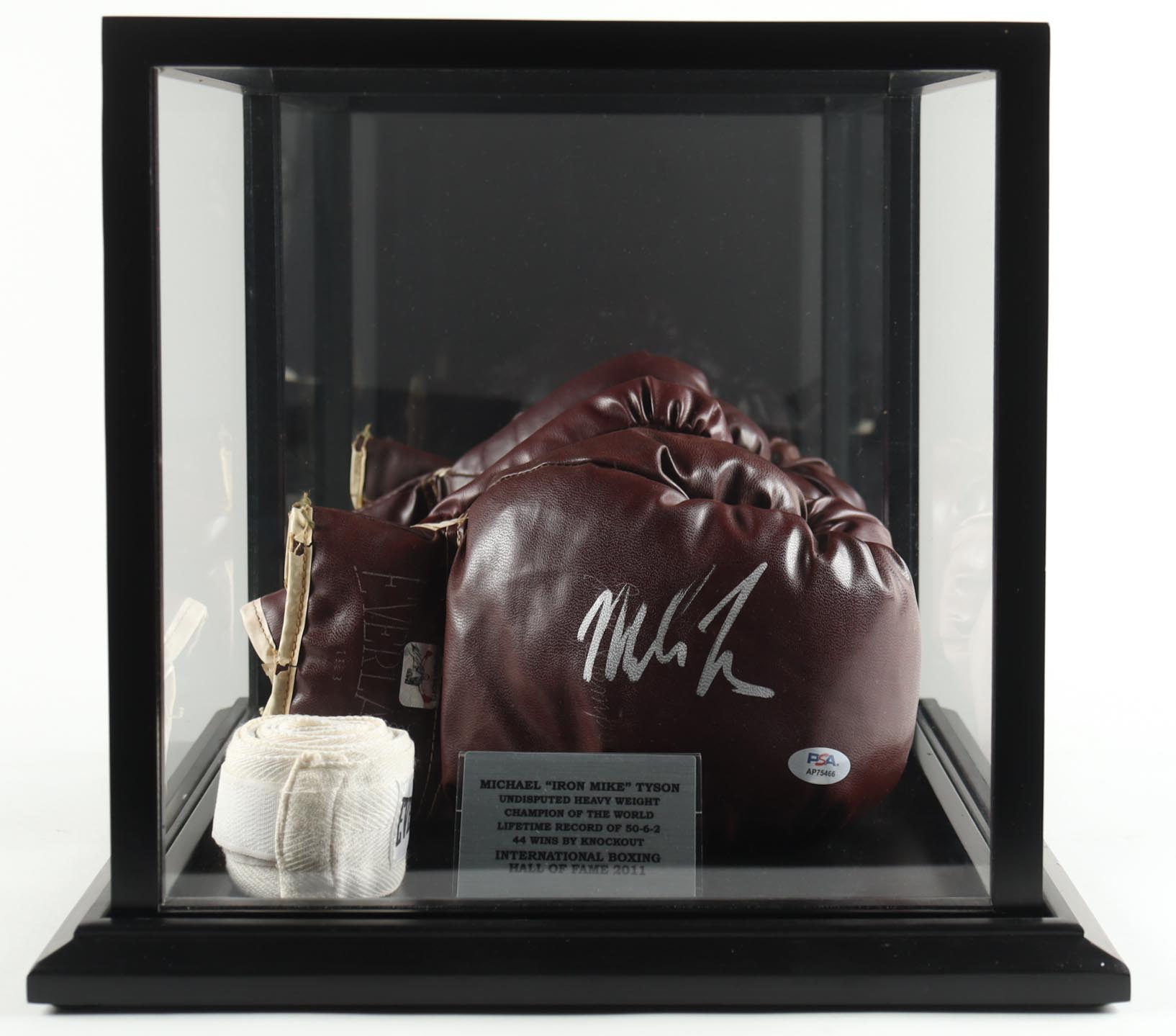 Mike Tyson Signed Vintage Pair of Everlast 'Jack Dempsey' Boxing Gloves in Wood Display Case with Everlast Wrist Wraps (Tyson & PSA) at PristineAuction.com Mike Tyson Signed Vintage Pair of Everlast 'Jack Dempsey' Boxing Gloves in Wood Display Case with Everlast Wrist Wraps (Tyson & PSA) at PristineAuction.com