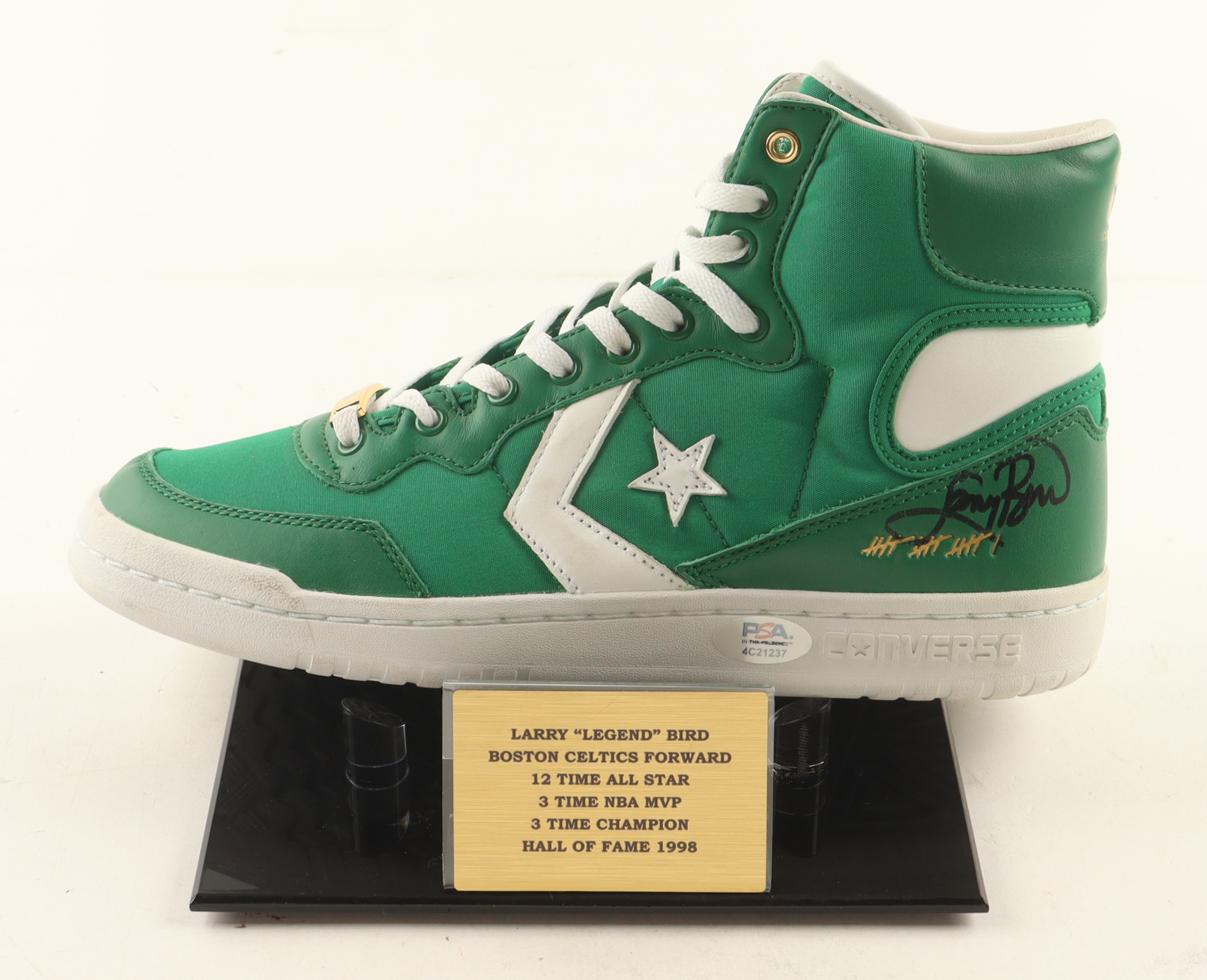 Larry Bird Signed Converse Boston Celtics 1984 Championship Basketball Shoe With Name Plaque Display Stand (PSA) at PristineAuction.com Larry Bird Signed Converse Boston Celtics 1984 Championship Basketball Shoe With Name Plaque Display Stand (PSA) at PristineAuction.com