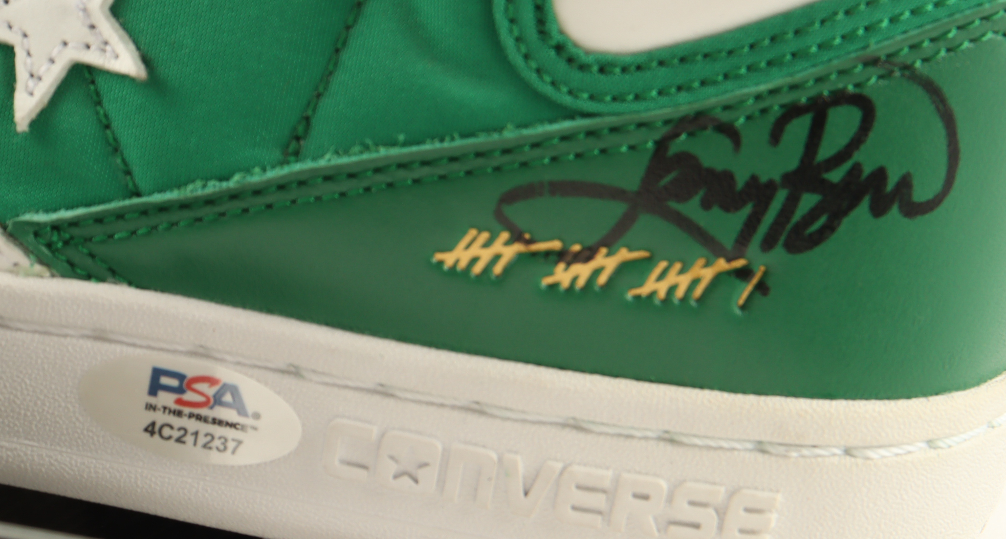 Larry Bird Signed Converse Boston Celtics 1984 Championship Basketball Shoe With Name Plaque Display Stand (PSA) at PristineAuction.com Larry Bird Signed Converse Boston Celtics 1984 Championship Basketball Shoe With Name Plaque Display Stand (PSA) at PristineAuction.com