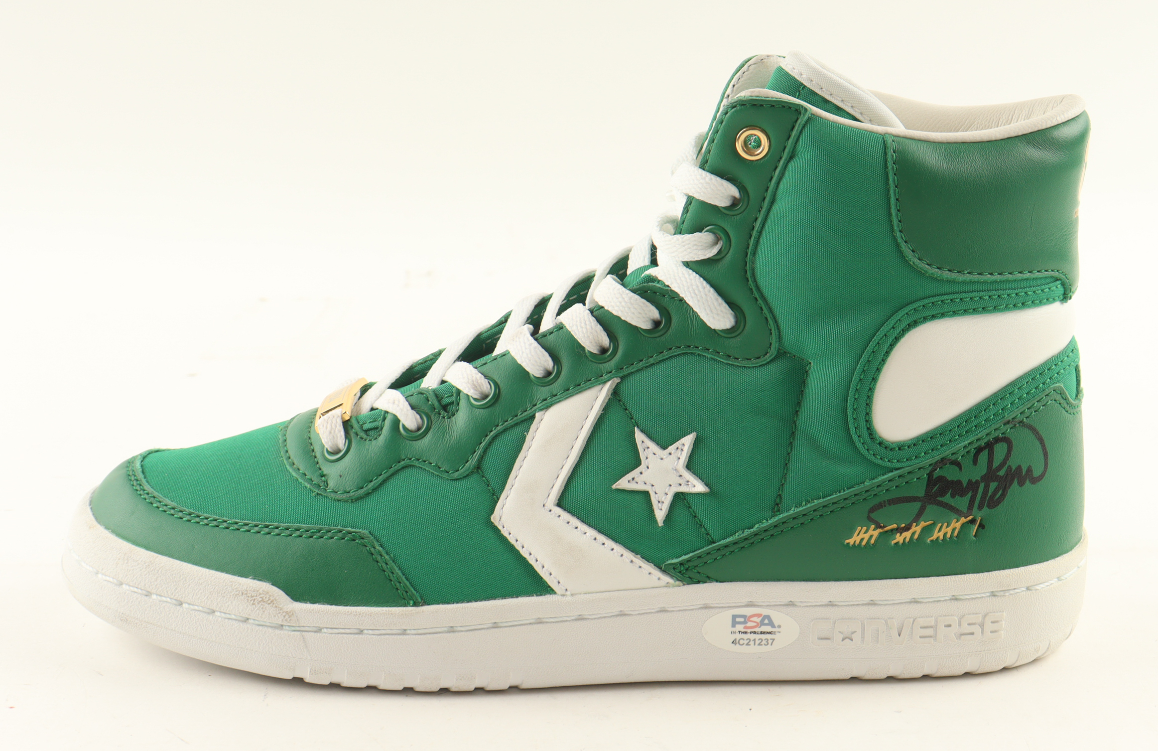 Larry Bird Signed Converse Boston Celtics 1984 Championship Basketball Shoe With Name Plaque Display Stand (PSA) at PristineAuction.com Larry Bird Signed Converse Boston Celtics 1984 Championship Basketball Shoe With Name Plaque Display Stand (PSA) at PristineAuction.com