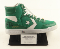 Larry Bird Signed Converse Boston Celtics 1984 Championship Basketball Shoe With Name Plaque Display Stand (PSA) at PristineAuction.com