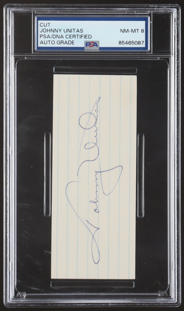 Johnny Unitas Signed Cut (PSA Auto NM-MT 8) at PristineAuction.com Johnny Unitas Signed Cut (PSA Auto NM-MT 8) at PristineAuction.com