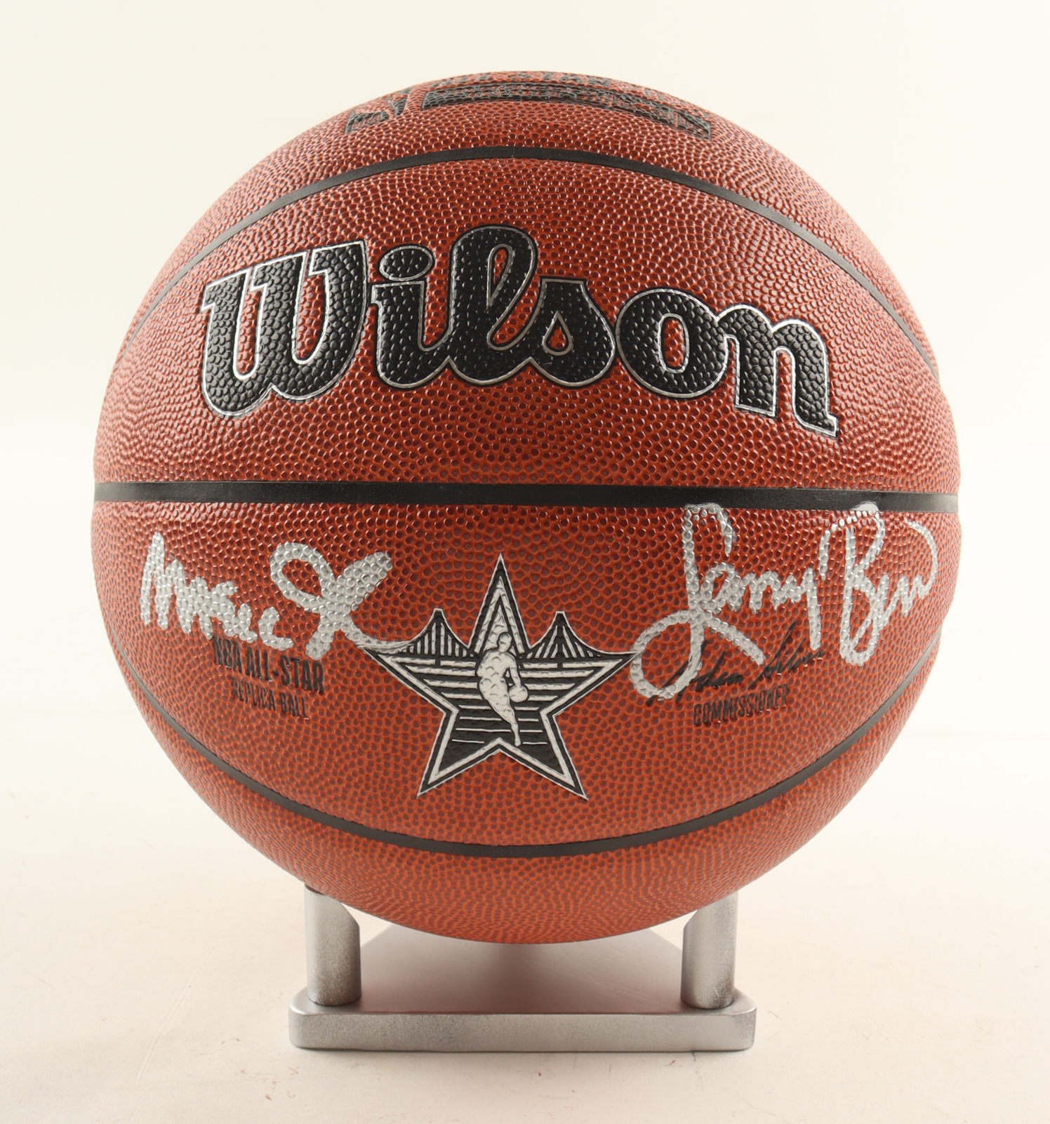Magic Johnson & Larry Bird Signed NBA 2025 All-Star Basketball with Silver Wood Stand (Beckett & PSA) at PristineAuction.com Magic Johnson & Larry Bird Signed NBA 2025 All-Star Basketball with Silver Wood Stand (Beckett & PSA) at PristineAuction.com