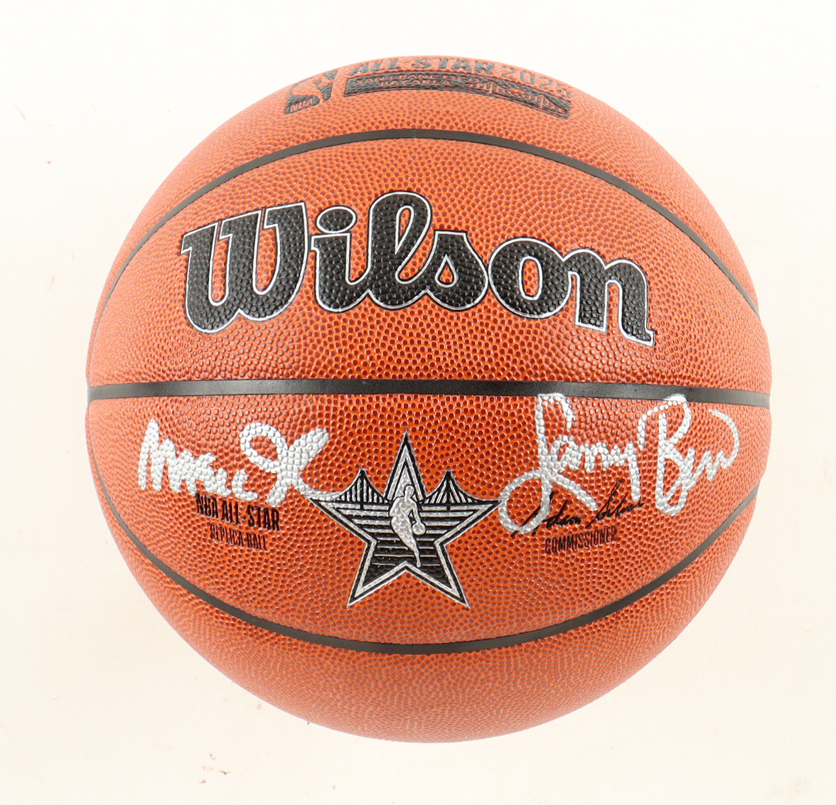 Magic Johnson & Larry Bird Signed NBA 2025 All-Star Basketball with Silver Wood Stand (Beckett & PSA) at PristineAuction.com Magic Johnson & Larry Bird Signed NBA 2025 All-Star Basketball with Silver Wood Stand (Beckett & PSA) at PristineAuction.com