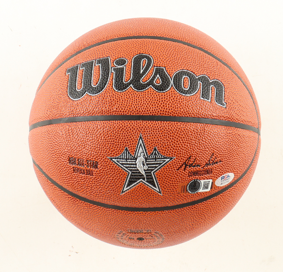 Magic Johnson & Larry Bird Signed NBA 2025 All-Star Basketball with Silver Wood Stand (Beckett & PSA) at PristineAuction.com Magic Johnson & Larry Bird Signed NBA 2025 All-Star Basketball with Silver Wood Stand (Beckett & PSA) at PristineAuction.com