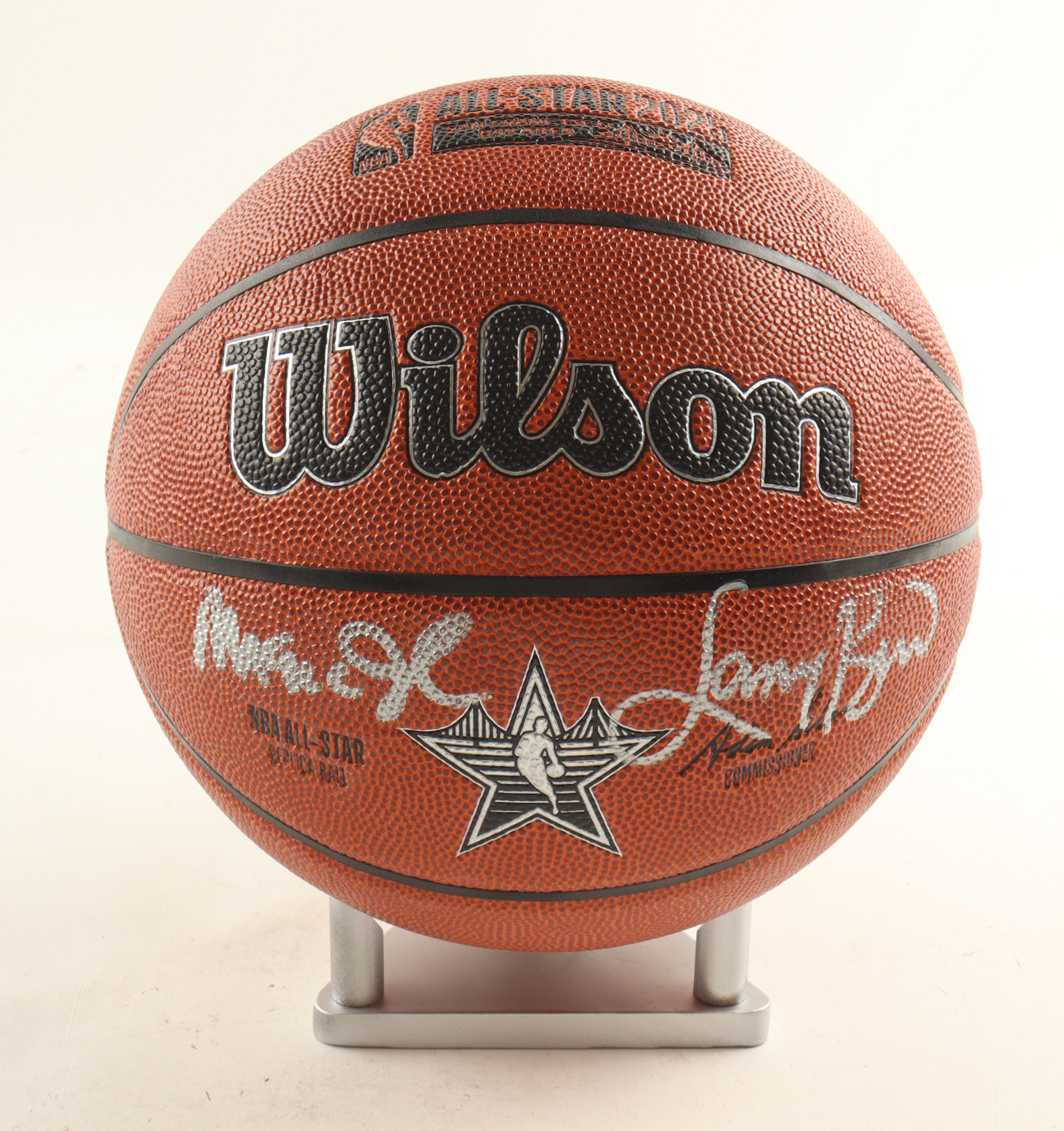 Magic Johnson & Larry Bird Signed NBA 2025 All-Star Basketball with Silver Wood Stand (Beckett & PSA) at PristineAuction.com Magic Johnson & Larry Bird Signed NBA 2025 All-Star Basketball with Silver Wood Stand (Beckett & PSA) at PristineAuction.com
