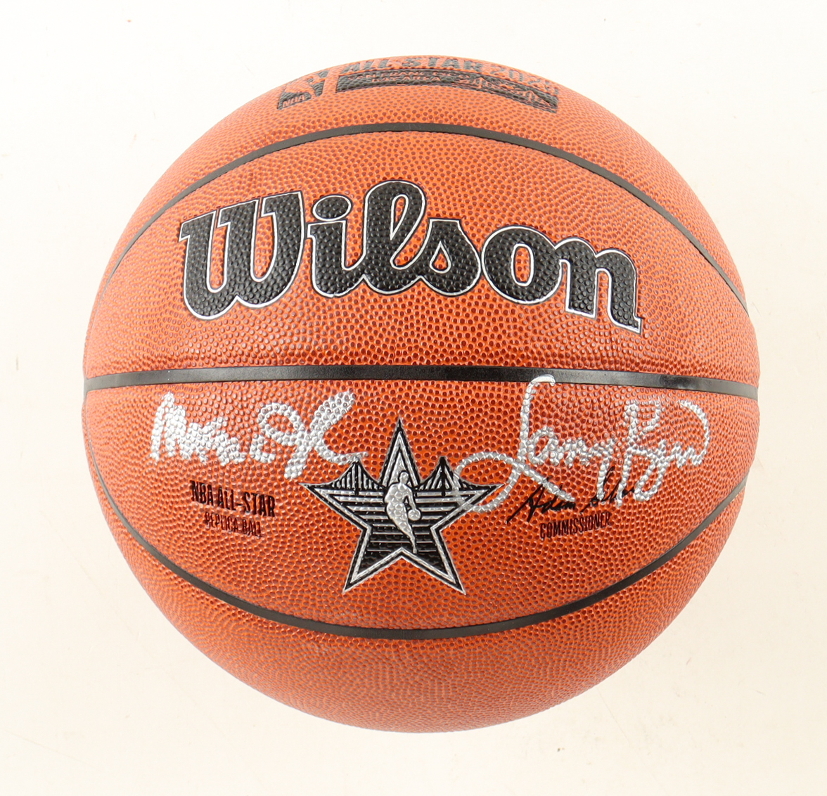 Magic Johnson & Larry Bird Signed NBA 2025 All-Star Basketball with Silver Wood Stand (Beckett & PSA) at PristineAuction.com Magic Johnson & Larry Bird Signed NBA 2025 All-Star Basketball with Silver Wood Stand (Beckett & PSA) at PristineAuction.com