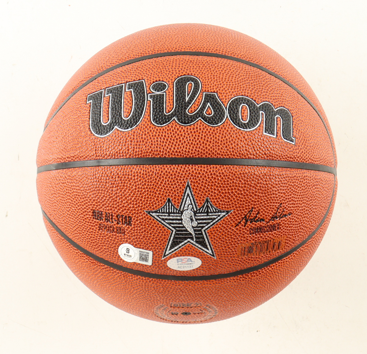 Magic Johnson & Larry Bird Signed NBA 2025 All-Star Basketball with Silver Wood Stand (Beckett & PSA) at PristineAuction.com Magic Johnson & Larry Bird Signed NBA 2025 All-Star Basketball with Silver Wood Stand (Beckett & PSA) at PristineAuction.com