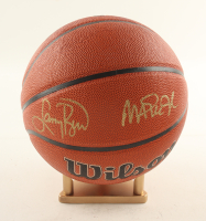 Larry Bird & Magic Johnson Signed NBA Basketball With Display Stand (PSA & Beckett) at PristineAuction.com