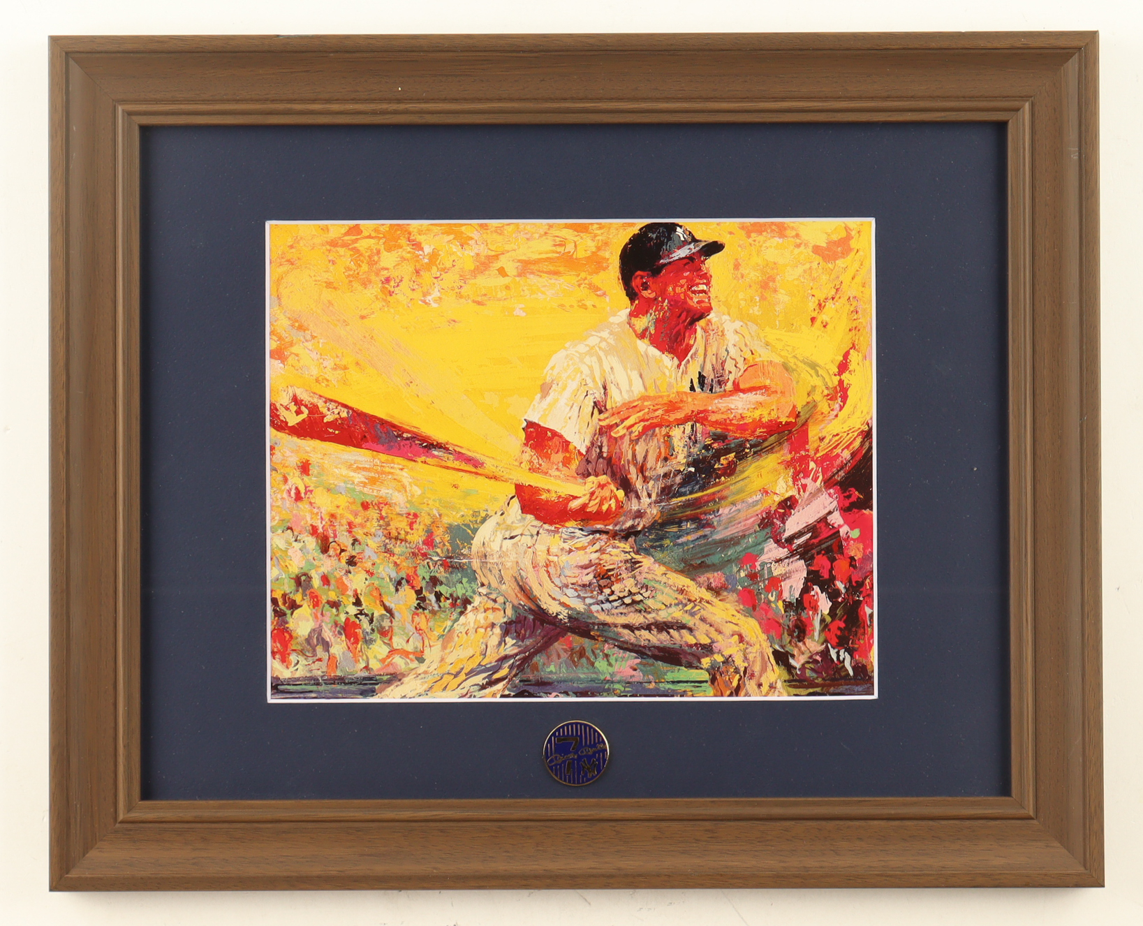 "The Commerce Comet: Mickey Mantle" Custom Framed Print Display by LeRoy Neiman with Vintage Yankees Mantle #7 Pin at PristineAuction.com "The Commerce Comet: Mickey Mantle" Custom Framed Print Display by LeRoy Neiman with Vintage Yankees Mantle #7 Pin at PristineAuction.com