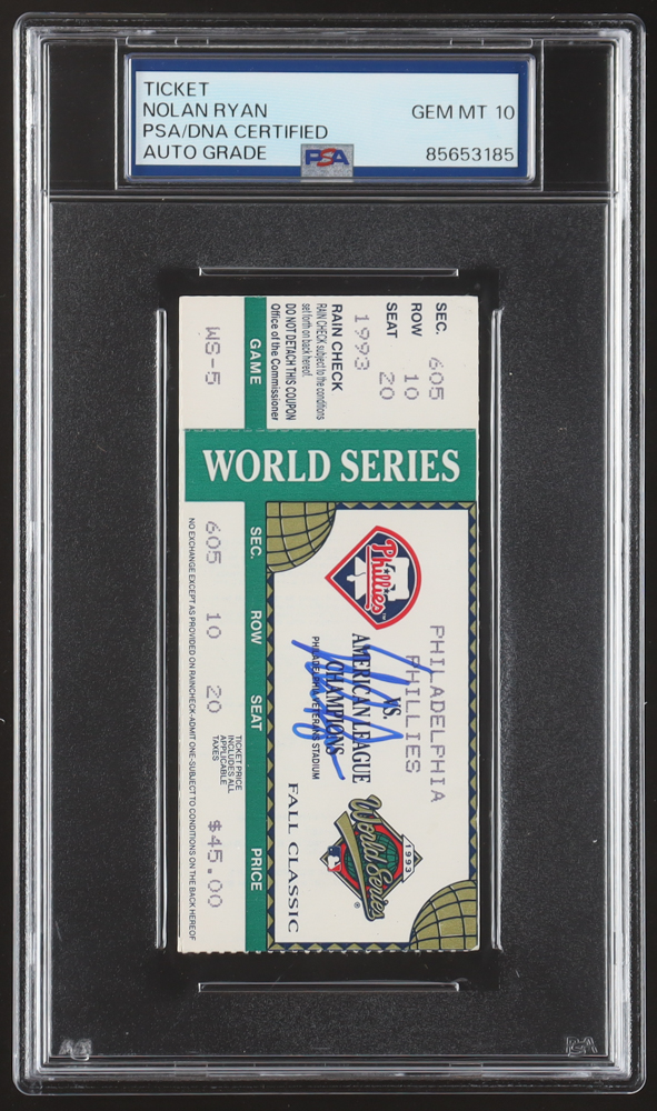 Nolan Ryan Signed 1993 Original World Series Ticket (PSA | Autograph Graded PSA 10) at PristineAuction.com Nolan Ryan Signed 1993 Original World Series Ticket (PSA | Autograph Graded PSA 10) at PristineAuction.com