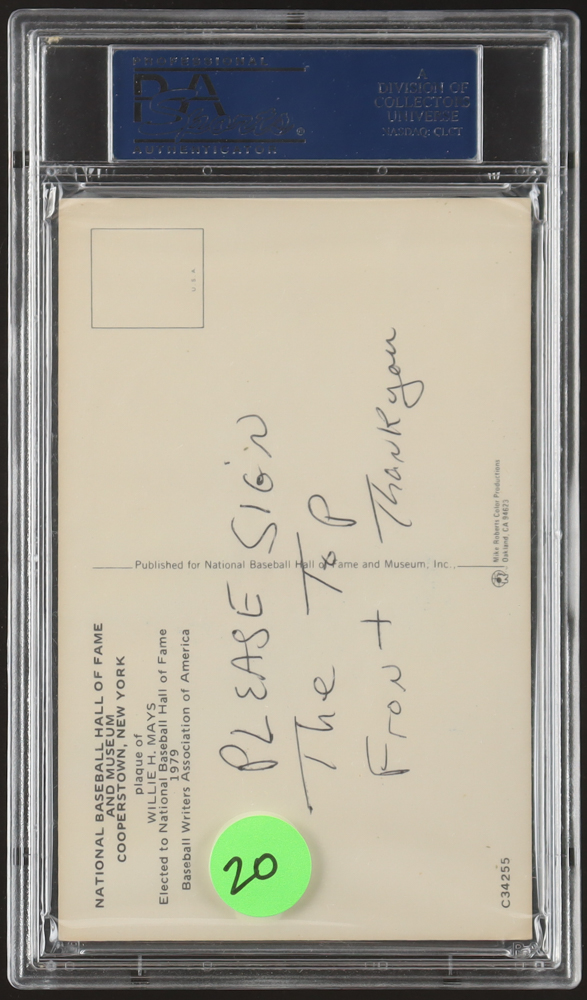 Willie Mays Signed Hall Of Fame Plaque Postcard (PSA) at PristineAuction.com Willie Mays Signed Hall Of Fame Plaque Postcard (PSA) at PristineAuction.com