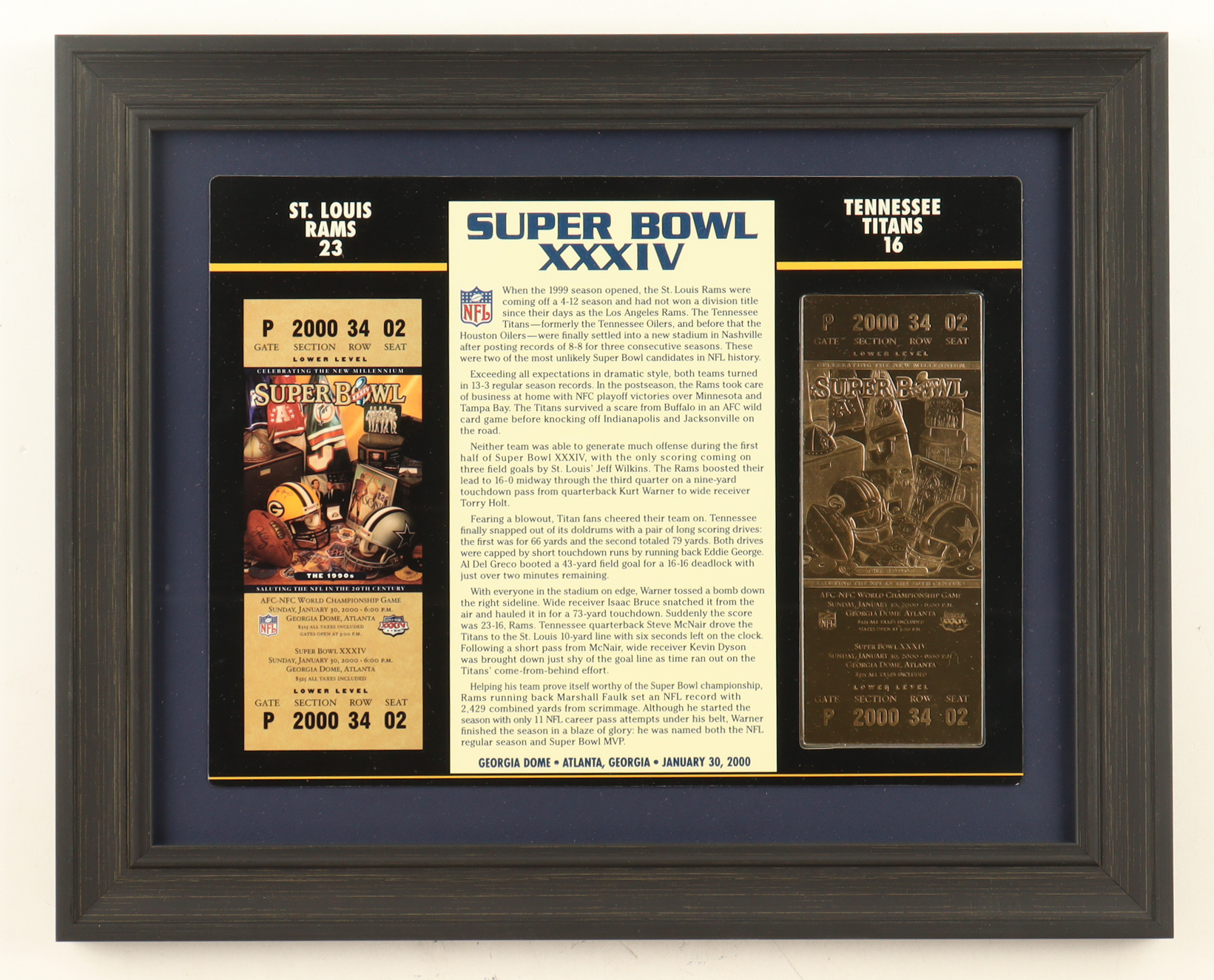 2000 Super Bowl XXXIV Commemorative Card with 22KT Gold Ticket Custom Framed Display at PristineAuction.com 2000 Super Bowl XXXIV Commemorative Card with 22KT Gold Ticket Custom Framed Display at PristineAuction.com