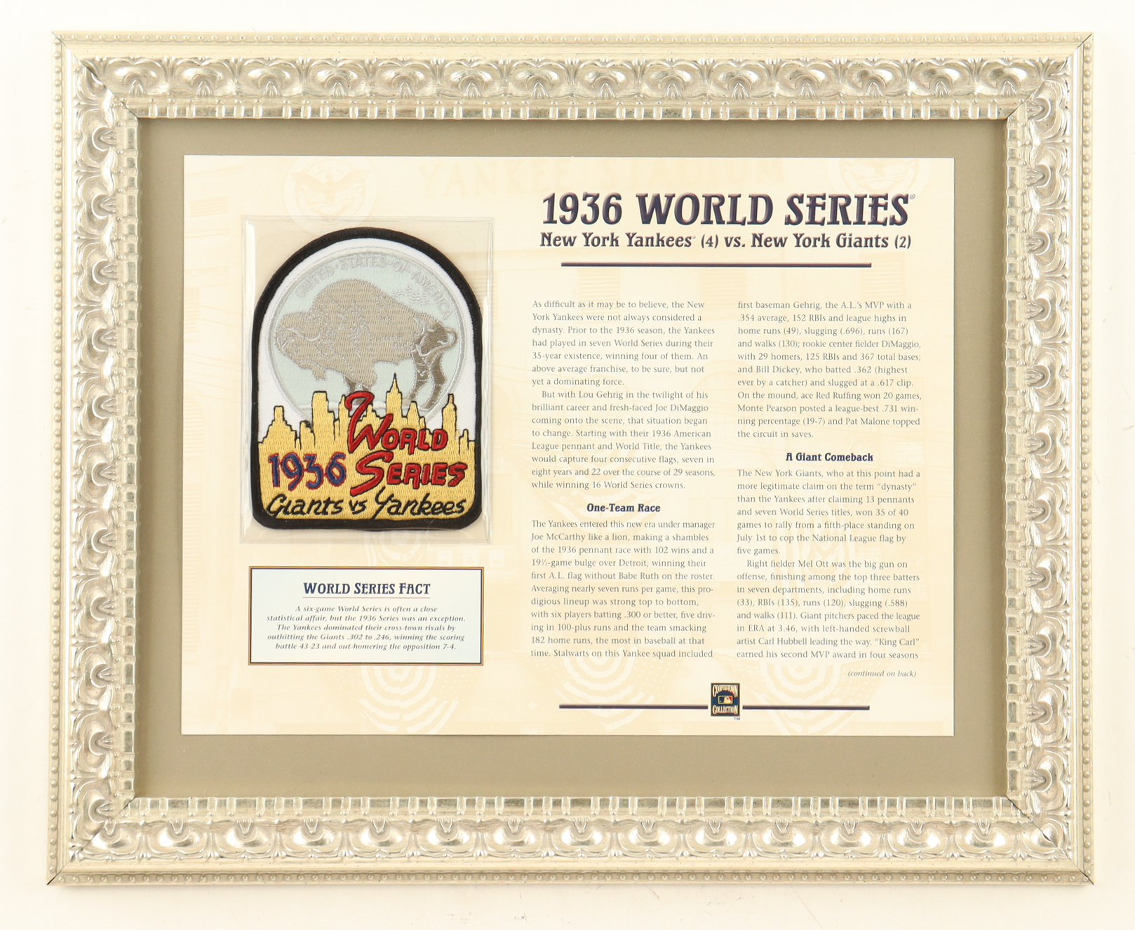 1936 World Series Cooperstown Collections Custom Framed Commemorative Stat Card With Cloth Uniform Patch at PristineAuction.com 1936 World Series Cooperstown Collections Custom Framed Commemorative Stat Card With Cloth Uniform Patch at PristineAuction.com