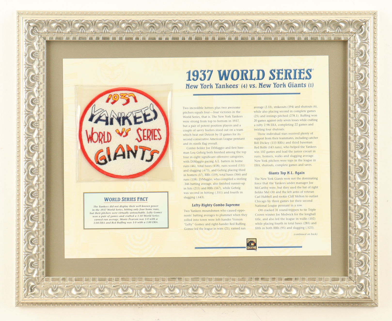 1937 World Series Cooperstown Collections Custom Framed Commemorative Stat Card With Cloth Uniform Patch at PristineAuction.com 1937 World Series Cooperstown Collections Custom Framed Commemorative Stat Card With Cloth Uniform Patch at PristineAuction.com