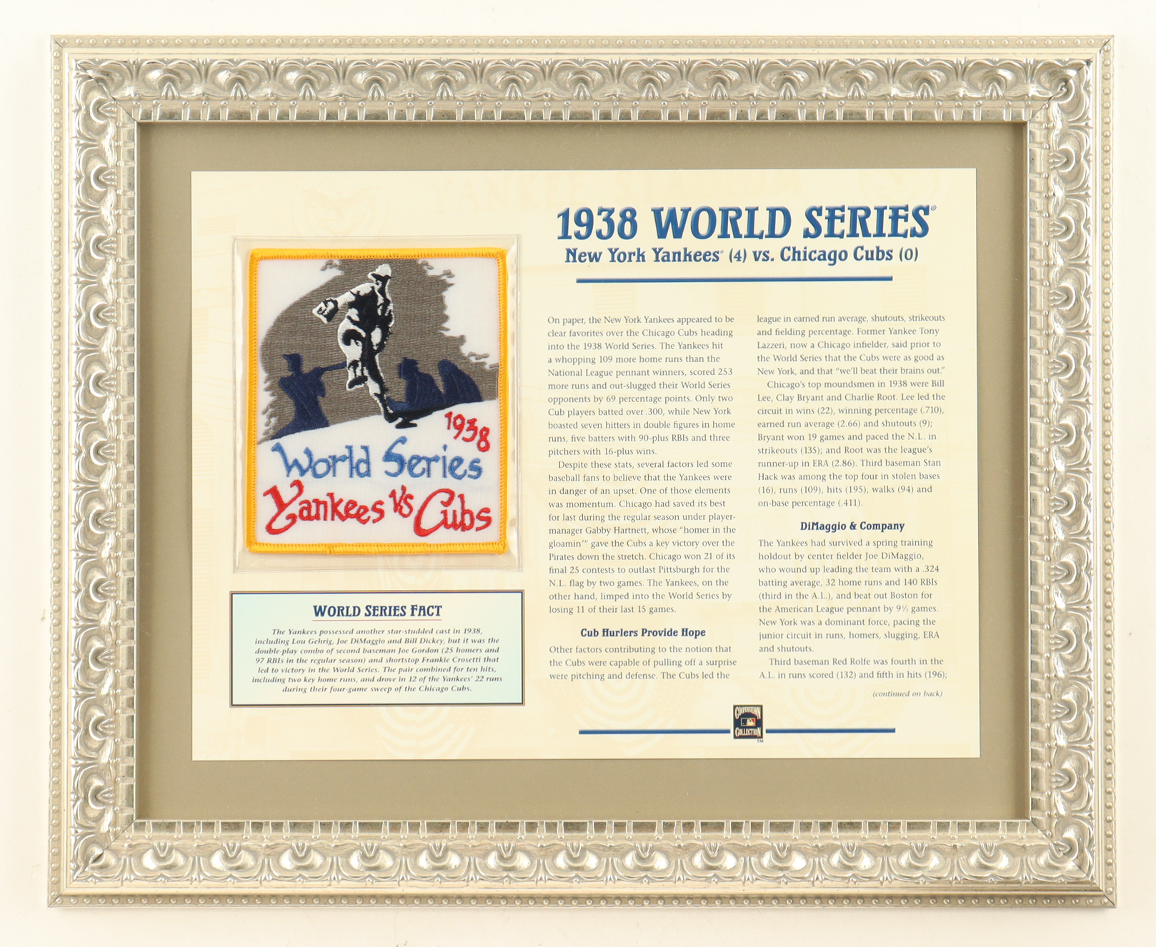 1938 World Series Cooperstown Collections Custom Framed Commemorative Stat Card With Cloth Uniform Patch at PristineAuction.com 1938 World Series Cooperstown Collections Custom Framed Commemorative Stat Card With Cloth Uniform Patch at PristineAuction.com