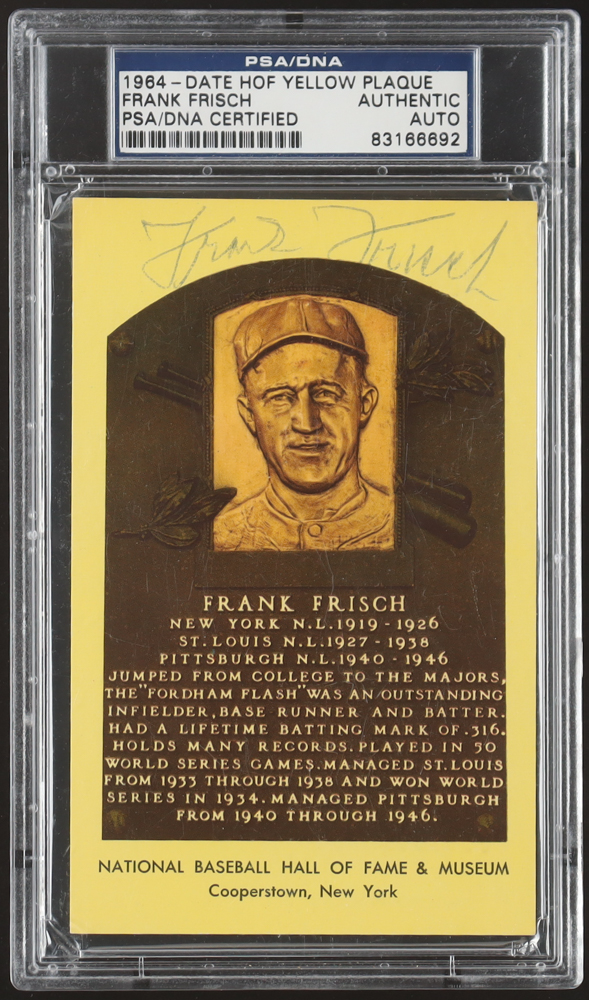 Frankie Frisch Signed Hall Of Fame Plaque Postcard (PSA) at PristineAuction.com Frankie Frisch Signed Hall Of Fame Plaque Postcard (PSA) at PristineAuction.com