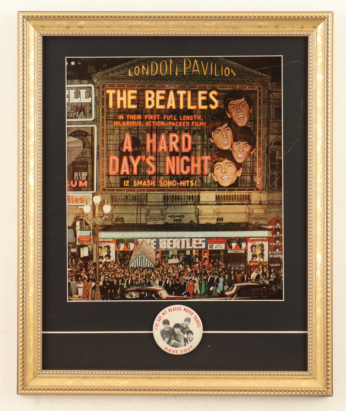 The Beatles Custom Framed "A Hard Day's Night" Movie Poster Print Display With Vintage 1965 Movie Opening Pin at PristineAuction.com The Beatles Custom Framed "A Hard Day's Night" Movie Poster Print Display With Vintage 1965 Movie Opening Pin at PristineAuction.com