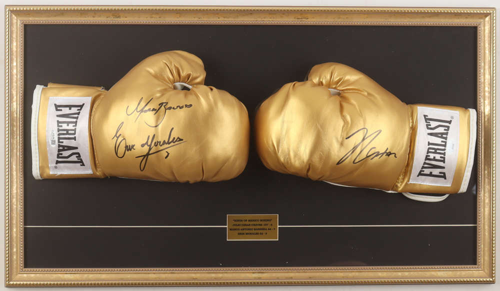 Julio Cesar Chavez, Marco Antonio Barrera & Erik Morales Signed "Kings Of Mexico Boxing" Custom Framed Everlast Golden Boxing Glove Set Display (JSA) at PristineAuction.com Julio Cesar Chavez, Marco Antonio Barrera & Erik Morales Signed "Kings Of Mexico Boxing" Custom Framed Everlast Golden Boxing Glove Set Display (JSA) at PristineAuction.com