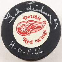Ted Lindsay Signed Detroit Red Wings Logo Hockey Puck with Display Case Inscribed "HOF 66" (PSA) at PristineAuction.com