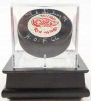 Ted Lindsay Signed Detroit Red Wings Logo Hockey Puck with Display Case Inscribed "HOF 66" (PSA) at PristineAuction.com