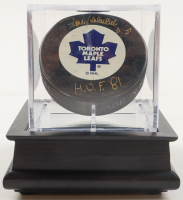 Frank Mahovlich Signed Maple Leafs Logo Hockey Puck with Display Case Inscribed "HOF 81" (PSA) at PristineAuction.com