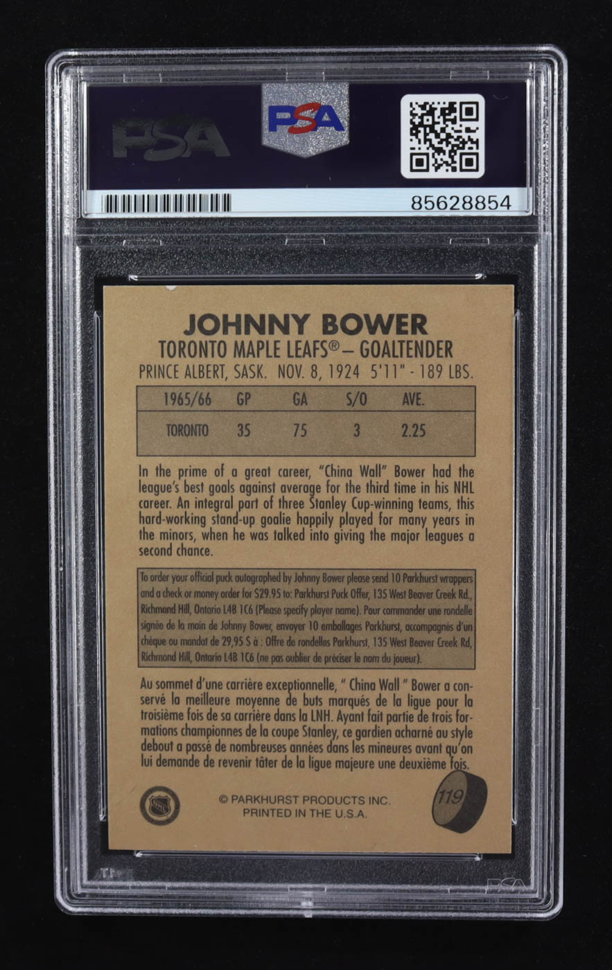 Johnny Bower Signed 1995-96 Parkhurst '66-67 #119 Inscribed "HOF 76" (PSA) at PristineAuction.com Johnny Bower Signed 1995-96 Parkhurst '66-67 #119 Inscribed "HOF 76" (PSA) at PristineAuction.com