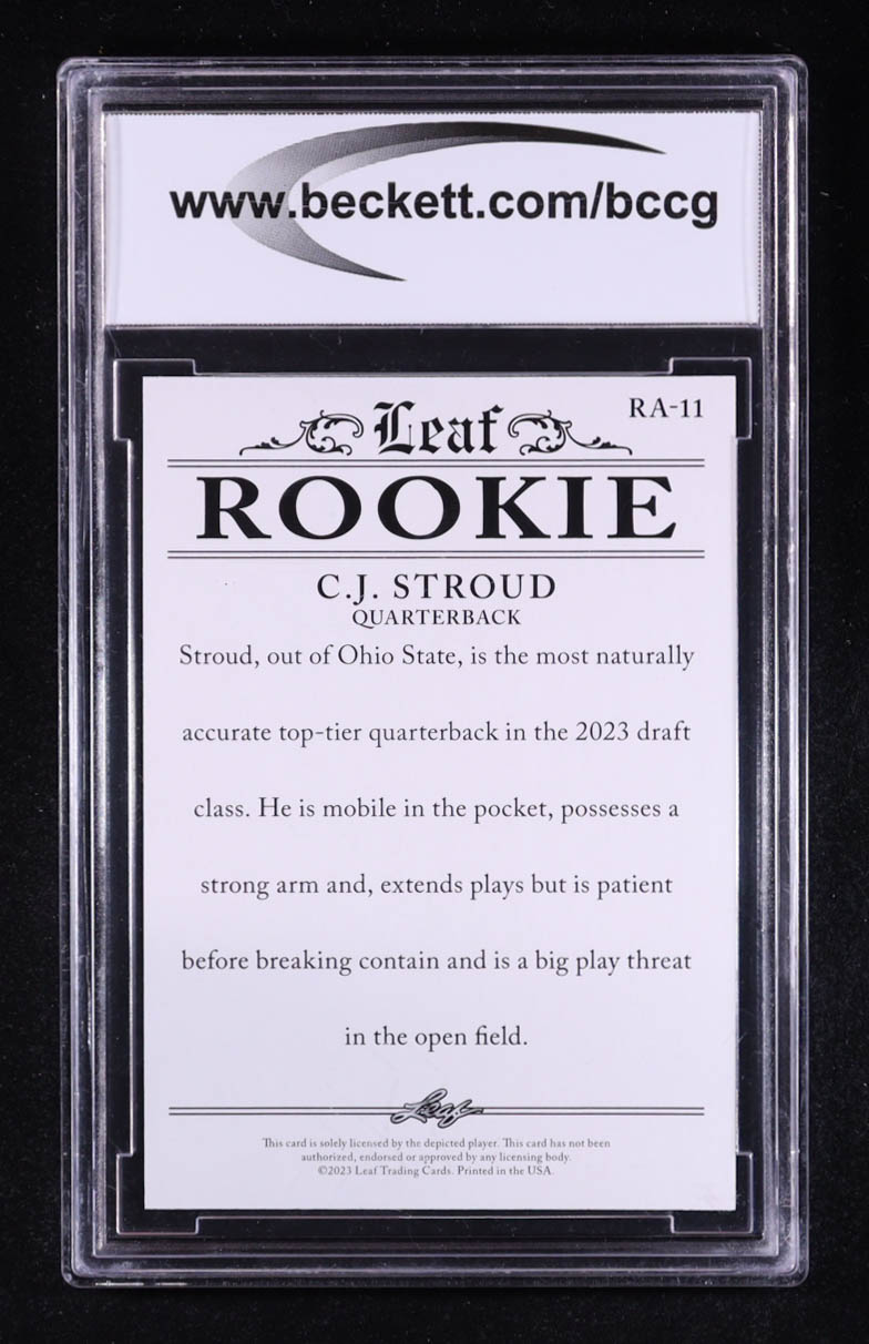 CJ Stroud 2023 Leaf Special Release Rookie Achievement #RA11 RC (BCCG 10) at PristineAuction.com CJ Stroud 2023 Leaf Special Release Rookie Achievement #RA11 RC (BCCG 10) at PristineAuction.com