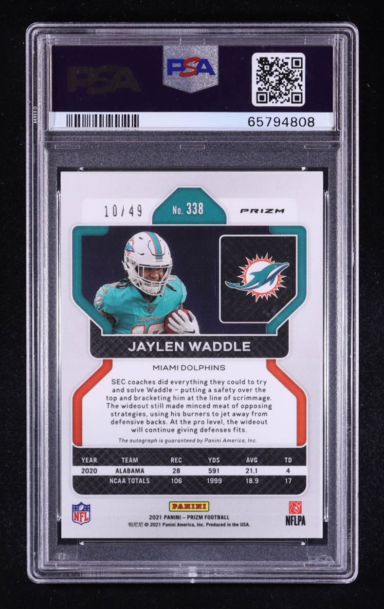 Jaylen Waddle 2021 Panini Prizm Rookie Autographs Prizms Purple Power #338 #10/49 RC (PSA 10 | Autograph Grade PSA 10) at PristineAuction.com Jaylen Waddle 2021 Panini Prizm Rookie Autographs Prizms Purple Power #338 #10/49 RC (PSA 10 | Autograph Grade PSA 10) at PristineAuction.com