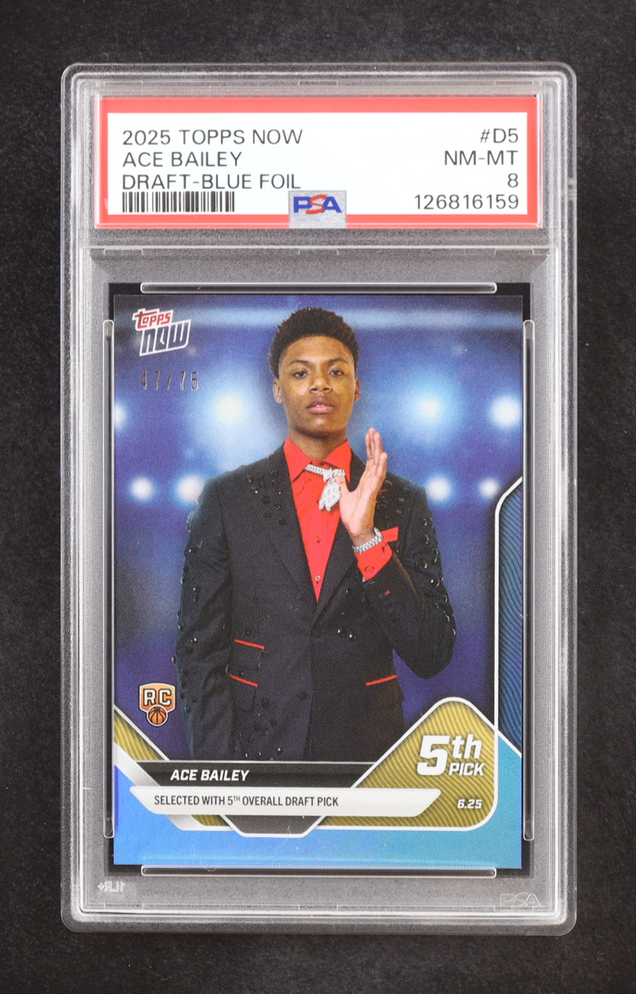 Ace Bailey 2025-26 Topps Now Blue Foil #D5 #47/75 RC (PSA 8) at PristineAuction.com Ace Bailey 2025-26 Topps Now Blue Foil #D5 #47/75 RC (PSA 8) at PristineAuction.com
