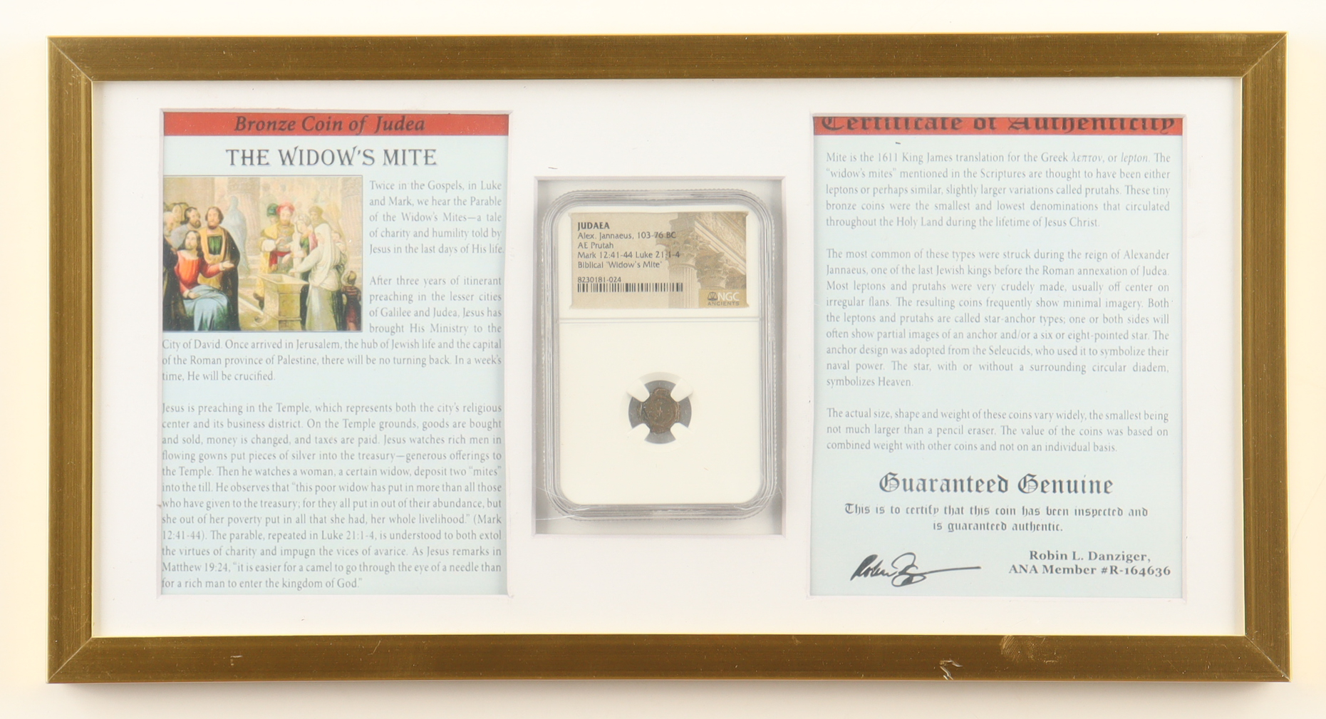 Custom Framed Biblical "Widow's Mite" Judaea 103-76 BC, Alex Jannaeus, AE Prutah - Mark 12:41-44 Coin Display (NGC) at PristineAuction.com Custom Framed Biblical "Widow's Mite" Judaea 103-76 BC, Alex Jannaeus, AE Prutah - Mark 12:41-44 Coin Display (NGC) at PristineAuction.com