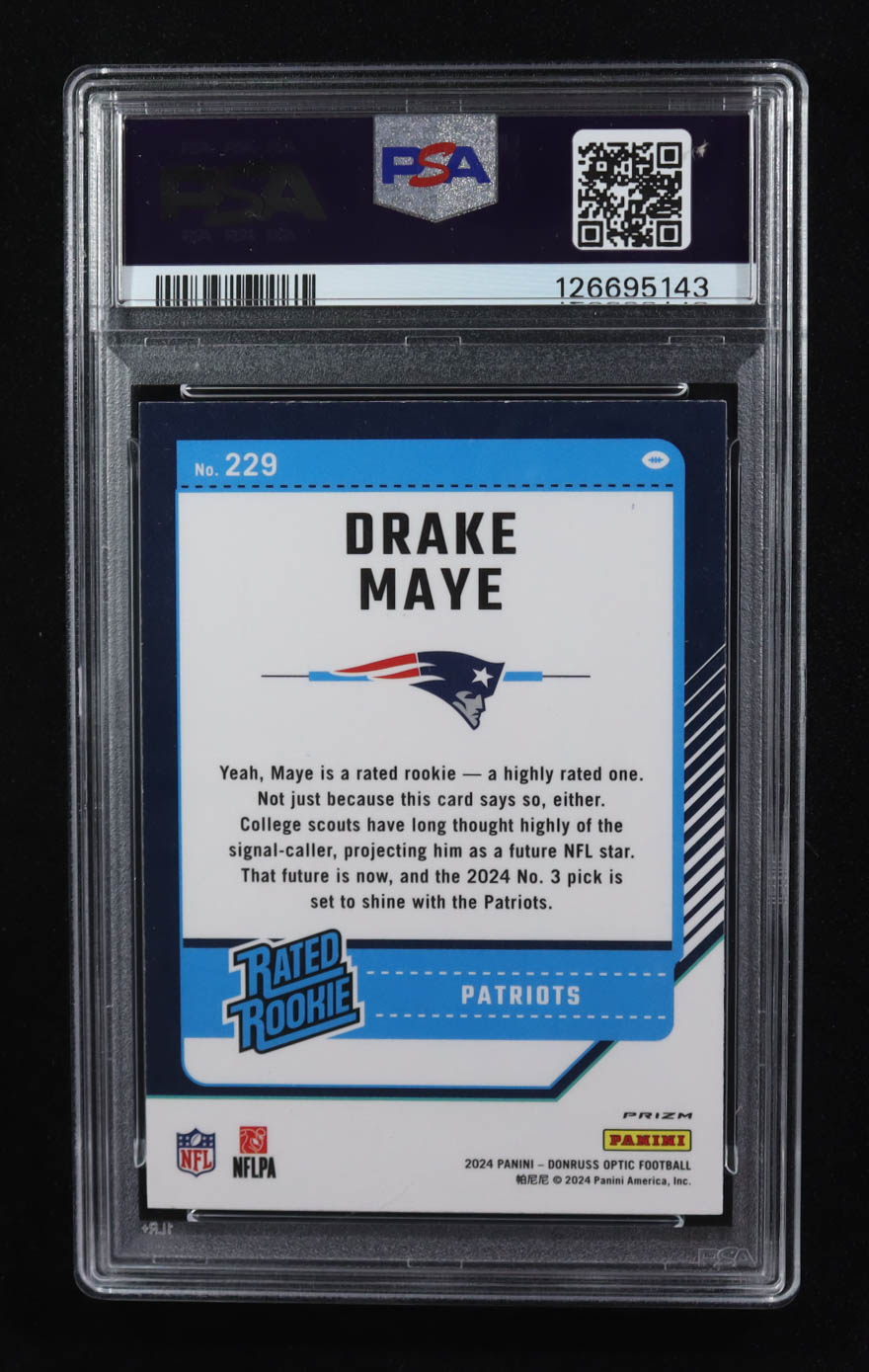 Drake Maye 2024 Donruss Optic RR Blue Hyper #229 RC (PSA 10) at PristineAuction.com Drake Maye 2024 Donruss Optic RR Blue Hyper #229 RC (PSA 10) at PristineAuction.com
