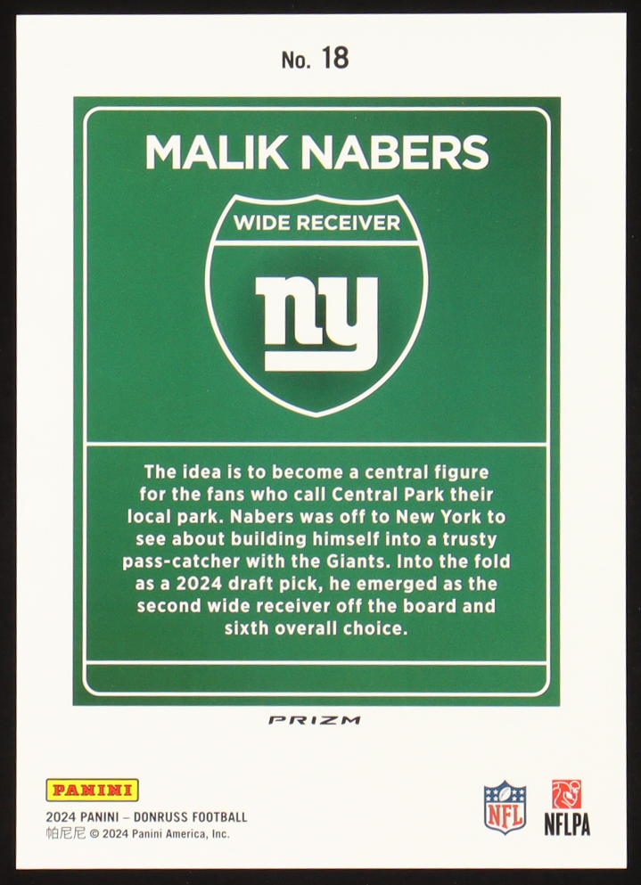 Malik Nabers 2024 Donruss Downtown! Oversize #18 RC at PristineAuction.com Malik Nabers 2024 Donruss Downtown! Oversize #18 RC at PristineAuction.com