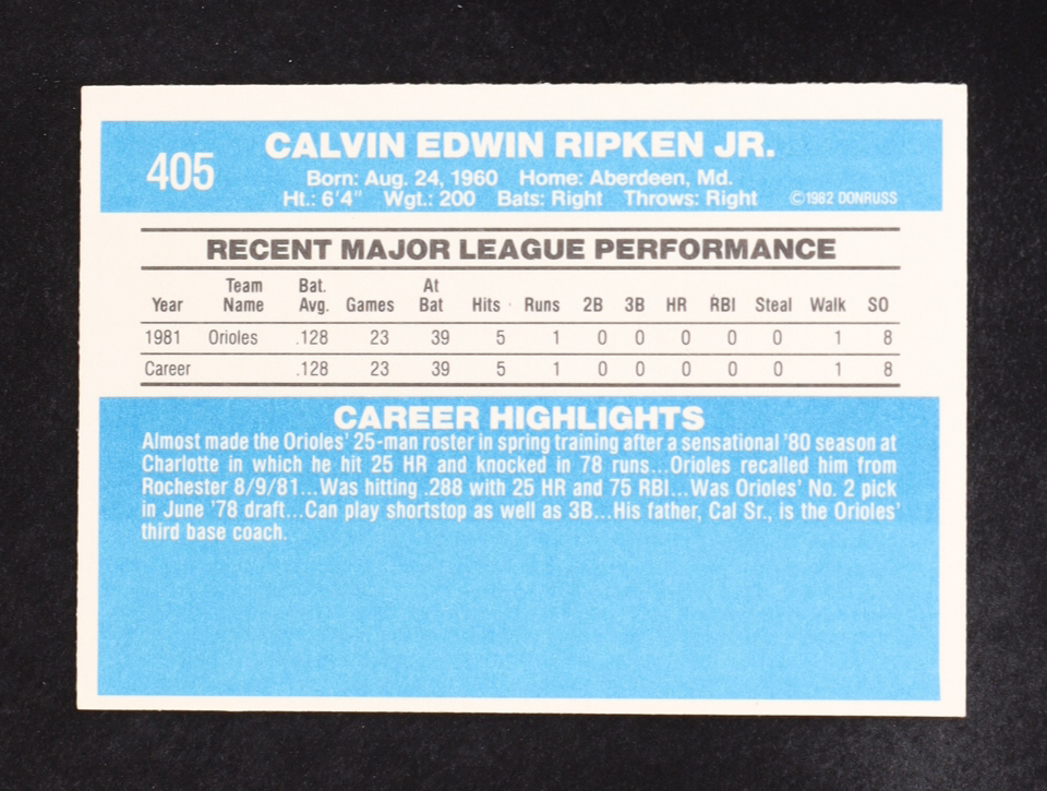 Cal Ripken Jr. 1982 Donruss #405 RC at PristineAuction.com Cal Ripken Jr. 1982 Donruss #405 RC at PristineAuction.com