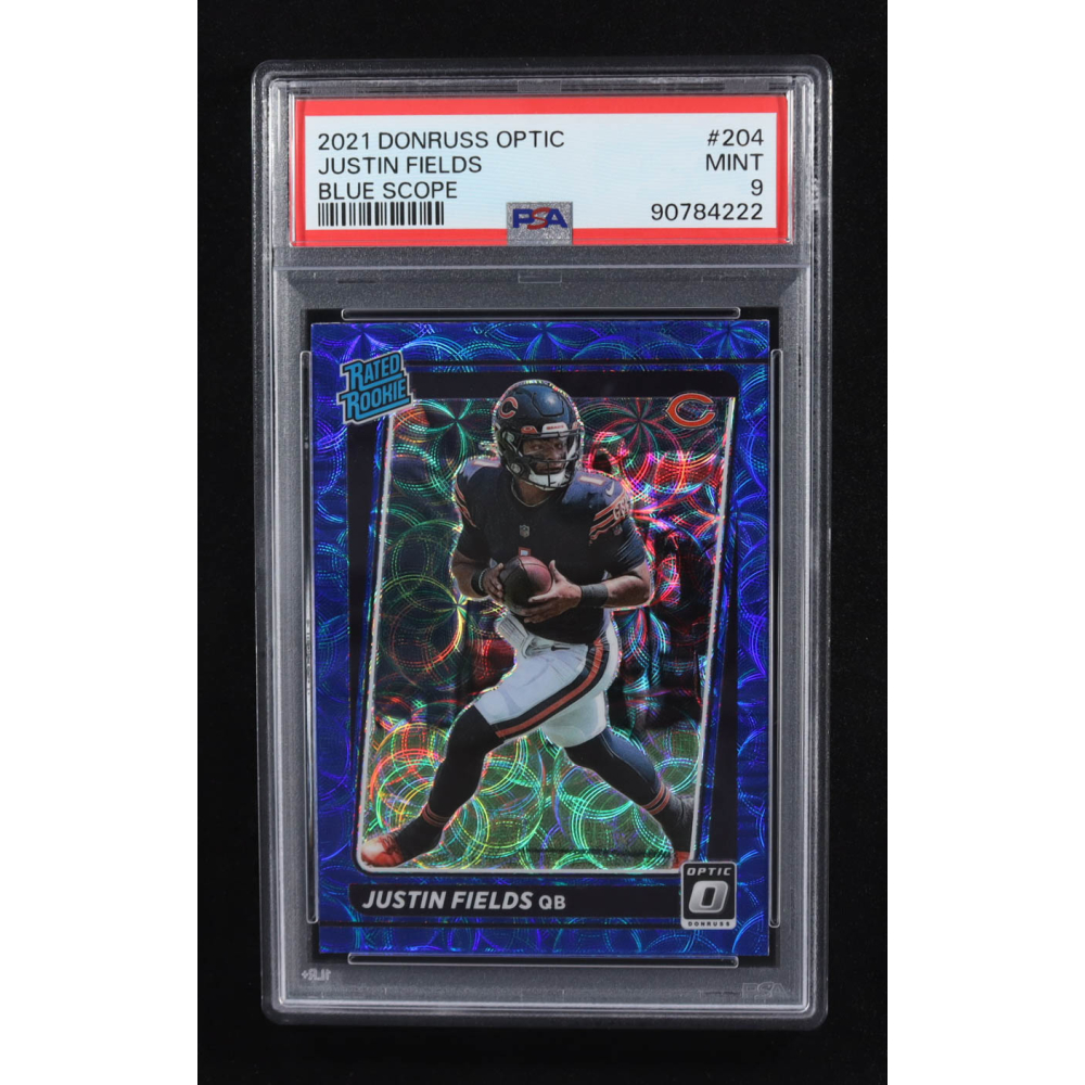 Justin Fields 2021 Donruss Optic Rated Rookie Blue Scope #204 RC (PSA 9) at PristineAuction.com