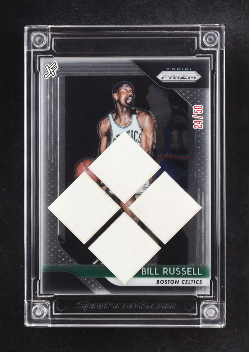 Bill Russell 2022-23 Sportscards.com Jersey Fusion Quad Game-Used Swatch #BR80 #24/50 at PristineAuction.com Bill Russell 2022-23 Sportscards.com Jersey Fusion Quad Game-Used Swatch #BR80 #24/50 at PristineAuction.com