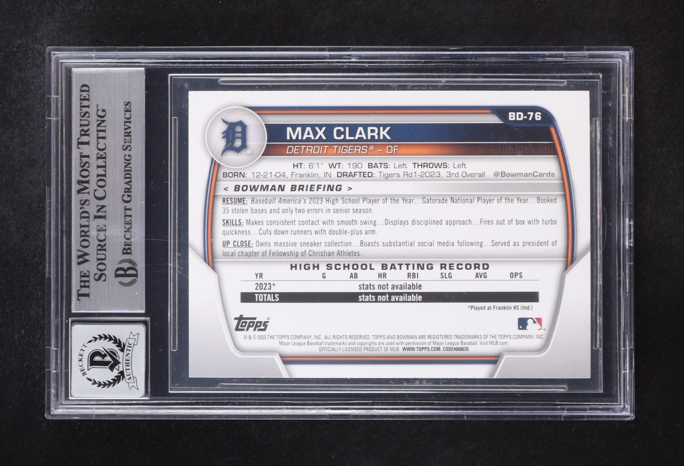 Max Clark Signed 2023 Bowman Draft #BD76 RC (BGS | Auto Grade 10) at PristineAuction.com Max Clark Signed 2023 Bowman Draft #BD76 RC (BGS | Auto Grade 10) at PristineAuction.com